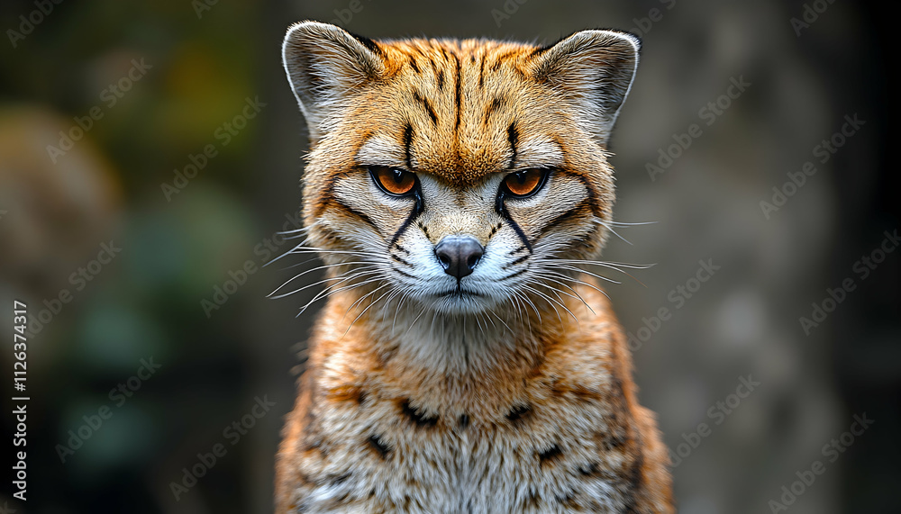 Obraz premium Close-up portrait of a Serval, a wild cat with intense orange fur and striking eyes, staring directly at the camera.