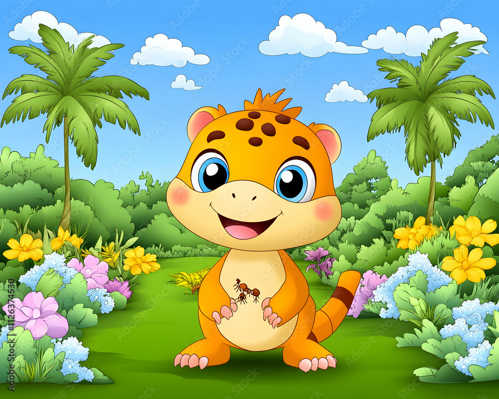 Naklejka premium Cute cartoon animal in a lush garden.