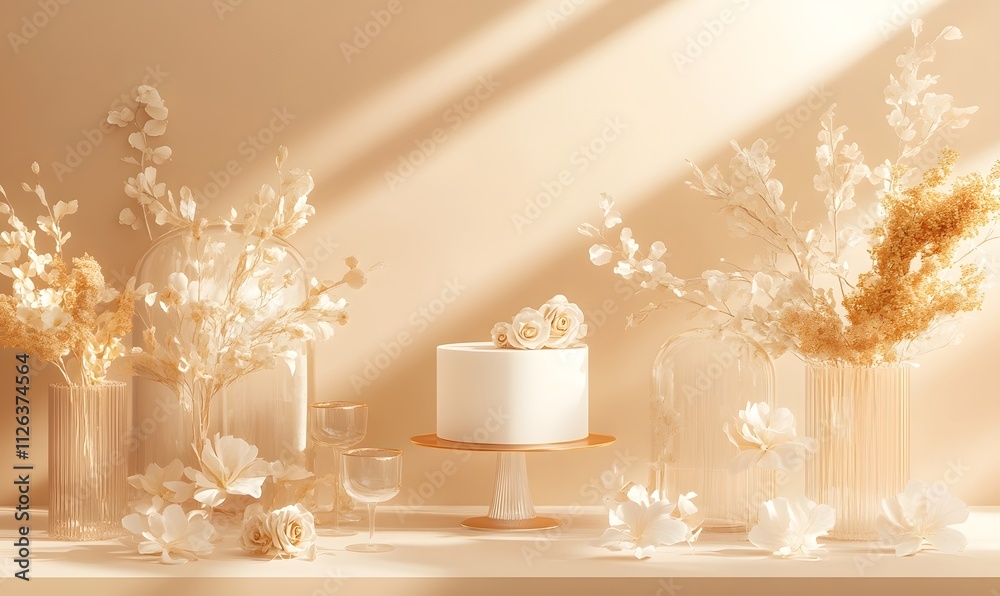 Elegant, white cake with light beige flowers and vases on a light beige surface, sunlit. Elegant, white cake with light beige flowers and vases on a light beige surface, sunlit.