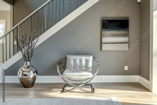 Neutral gray wall and contemporary living room