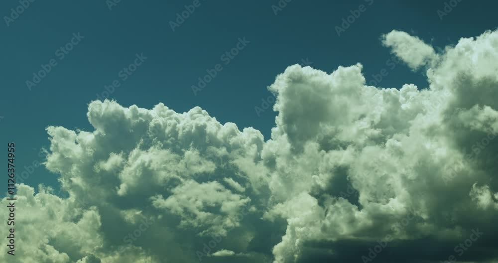Timelapse of a detail of spectacular huge and fluffy white and grey cumulus cloud gathering for a storm and billowing and swelling on the background of the clear blue sky