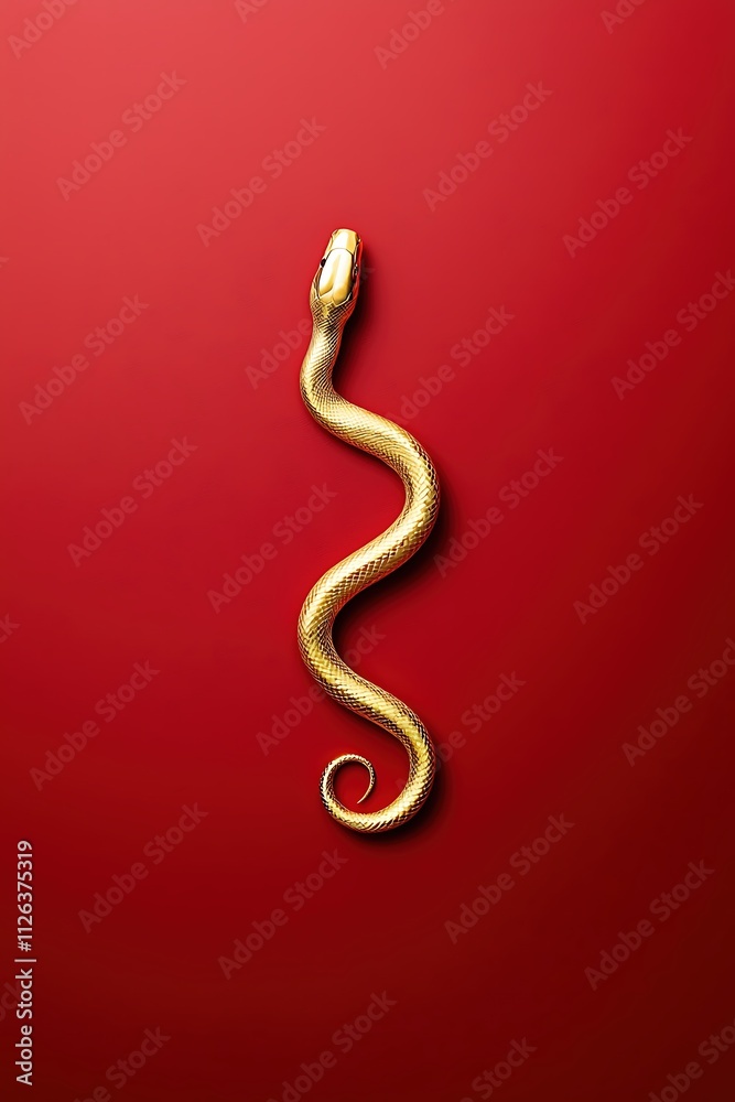 A gold snake is shown on a red background A gold snake is shown on a red background