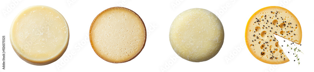 Whole round hard cheese, top view, set against a transparent background. Whole round hard cheese, top view, set against a transparent background.