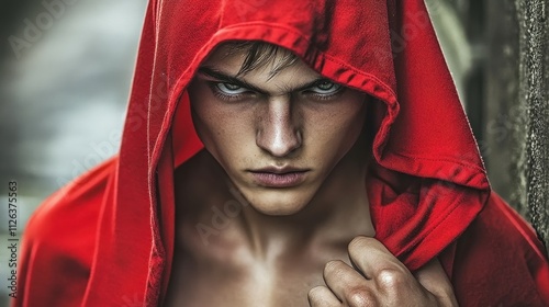 A man in a red hoodie is looking at the camera. The hoodie is pulled up over his head, and he is wearing a red shirt. The image has a moody and mysterious feel to it photo