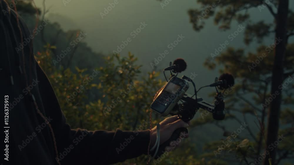 A young man is holding a microphone amidst a serene forest setting, surrounded by nature A young man is holding a microphone amidst a serene forest setting, surrounded by nature