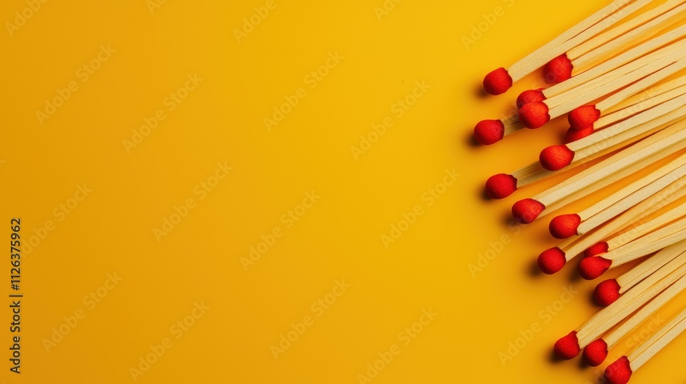 A vibrant arrangement of matchsticks with red tips on a bright yellow background, creating a visually striking contrast. A vibrant arrangement of matchsticks with red tips on a bright yellow background, creating a visually striking contrast.