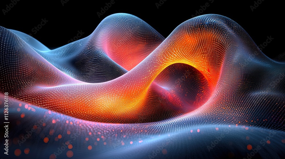 Fototapeta premium Colorful waves of digital patterns create an abstract landscape showcasing a blend of orange and blue tones