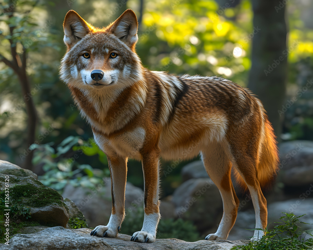 Obraz premium Majestic red wolf standing on rocks in a forest, sunlight illuminating its fur.