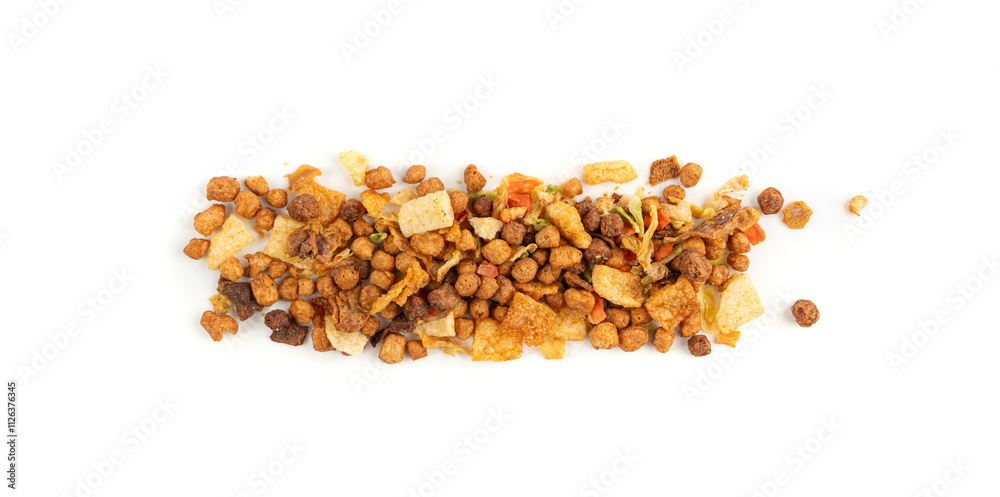 Dried vegetables mix with carrots, onion, parsnip and soy meat isolated. Dry food pieces for instant noodles Dried vegetables mix with carrots, onion, parsnip and soy meat isolated. Dry food pieces for instant noodles