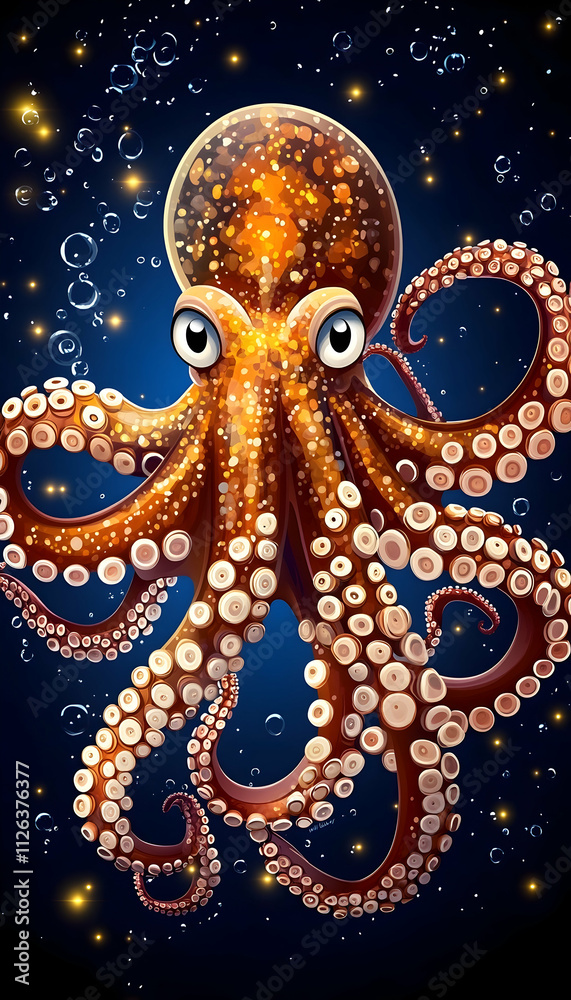 Orange octopus in dark blue water with bubbles. Orange octopus in dark blue water with bubbles.