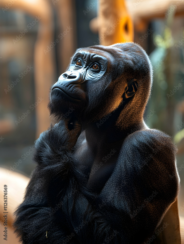 Pensive gorilla gazing upward, hand on chin. Pensive gorilla gazing upward, hand on chin.