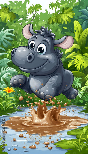 Playful hippopotamus jumping in muddy puddle. photo