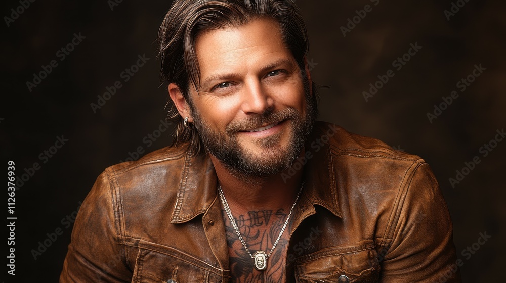 A man with a beard and a necklace is smiling. He is wearing a brown leather jacket. The man has a tattoo on his arm A man with a beard and a necklace is smiling. He is wearing a brown leather jacket. The man has a tattoo on his arm