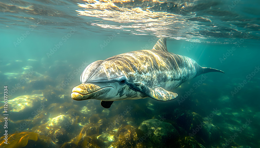Obraz premium Underwater shot of a dolphin swimming near rocks.