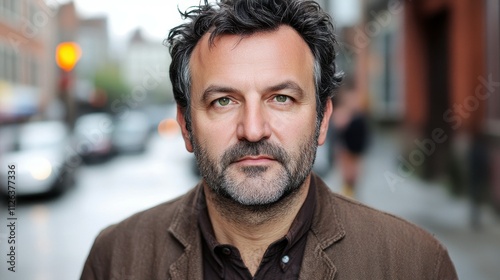 A man with a beard and glasses is standing on a street. He is wearing a brown jacket and a brown shirt