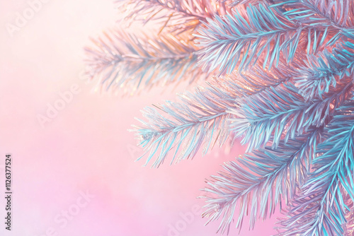 Minimal surrealism background with fir and pine tree brances in pastel holographic colors with gradient photo