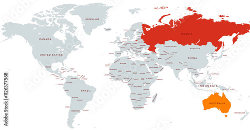 World Map Highlighting Australia and russia in Colors