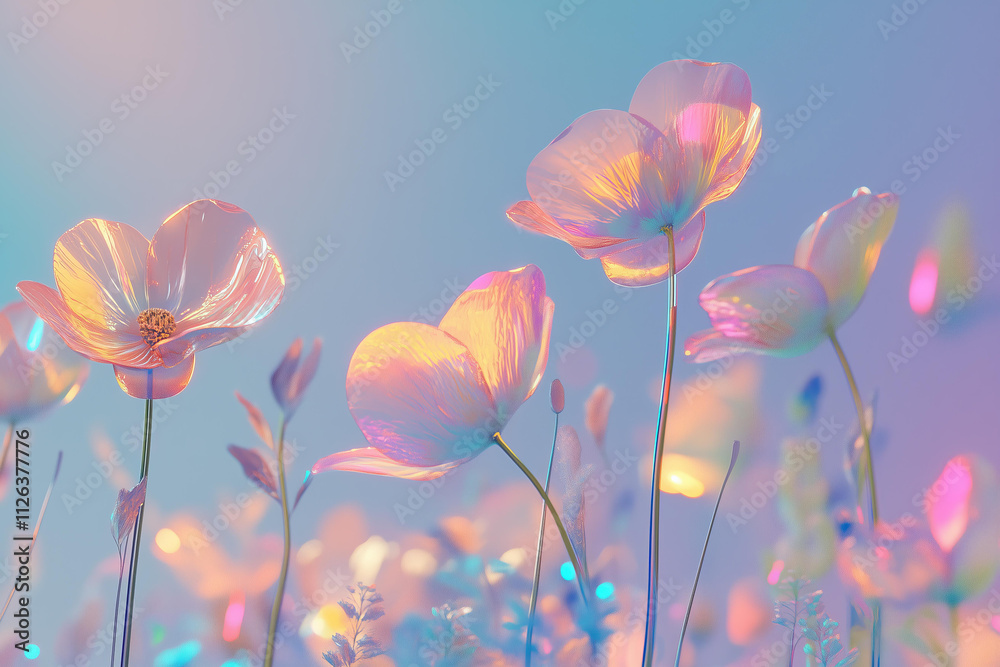 Minimal surrealism background with wildflowers in pastel holographic colors with gradient Minimal surrealism background with wildflowers in pastel holographic colors with gradient