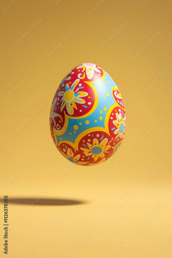 one perfect bright Easter egg with ornaments levitated with a shadow isolated on solid background