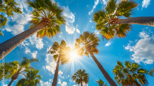 Low-angle shots of palm trees in Los Angeles, capturing sun rays.