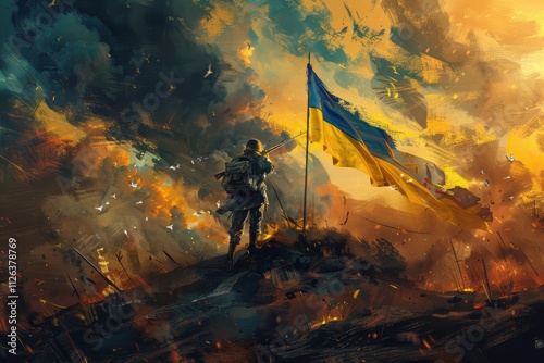 A victorious soldier salutes near a tank in a liberated Ukrainian city