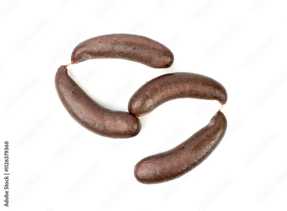 Black pudding isolated, blood sausage kaszanka, traditional Polish terrine, brawn sausages on white Black pudding isolated, blood sausage kaszanka, traditional Polish terrine, brawn sausages on white