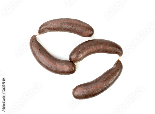 Black pudding isolated, blood sausage kaszanka, traditional Polish terrine, brawn sausages on white