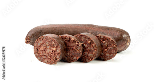 Obraz na plátne Black pudding isolated, blood sausage kaszanka, traditional Polish terrine, braw