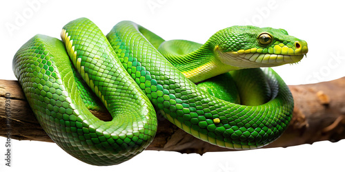 A green snake lying on a tree branch PNG  isolated on a white background.AI GENERATED photo
