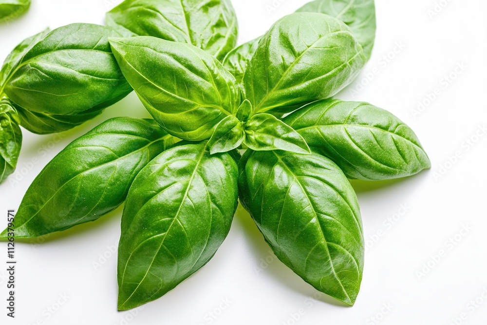 Fototapeta premium Fresh green basil leaves on white background