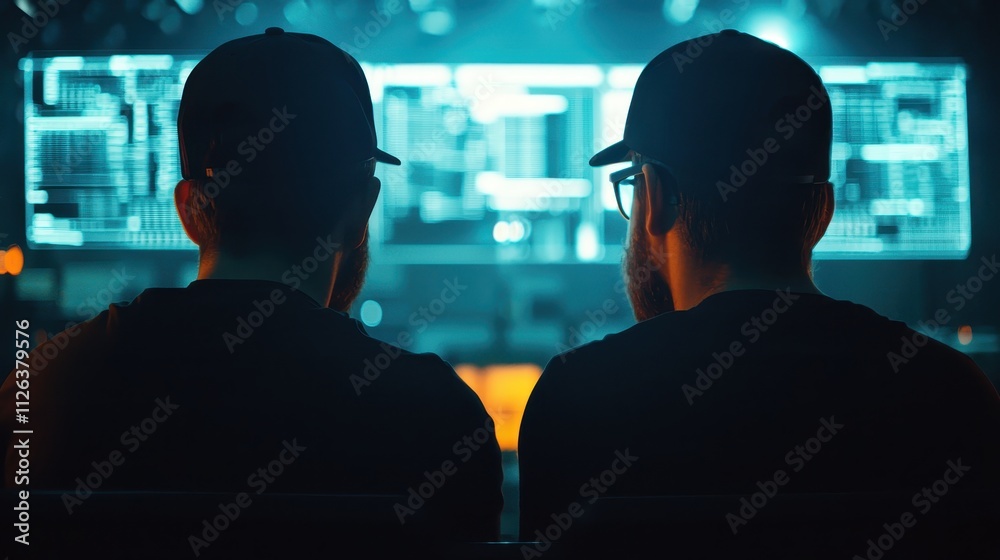 Two individuals wearing caps and glasses observe a brightly lit screen displaying digital data in a modern tech environment. Two individuals wearing caps and glasses observe a brightly lit screen displaying digital data in a modern tech environment.