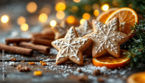 Cozy holiday scene with decorated cookies, cinnamon sticks, and dried oranges.

 photo