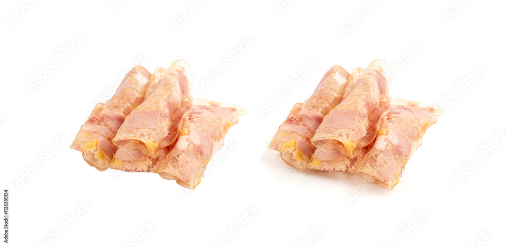 Meat jelly slices, ham aspic isolated, sausage, aspic jelly, winter meat galart, brawn on white Meat jelly slices, ham aspic isolated, sausage, aspic jelly, winter meat galart, brawn on white