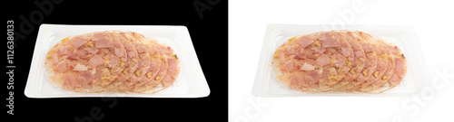 Meat jelly slices, ham aspic isolated, sausage, aspic jelly, winter meat galart, brawn on white photo