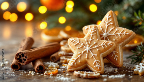 Cozy holiday scene with decorated cookies, cinnamon sticks, and dried oranges.

 photo