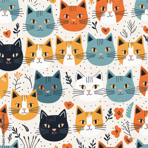 Seamless childish pattern with cute hand drawn cats heads.
 Creative kids hand drawn texture for fabric, wrapping, textile, wallpaper, apparel. Vector illustration 
