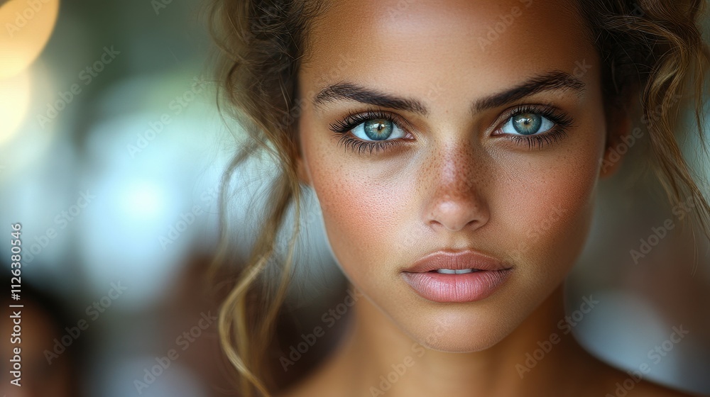 A woman with blue eyes and a tan complexion. She has a light pink lip color. She is wearing a ponytail A woman with blue eyes and a tan complexion. She has a light pink lip color. She is wearing a ponytail