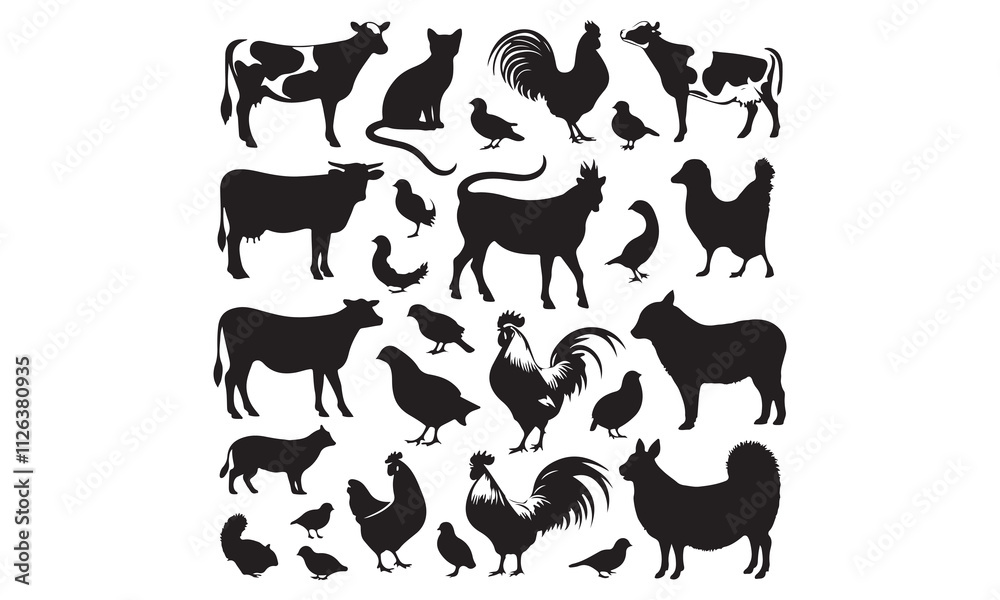 Black silhouette vector set of farm animals: cow, horse, pig, goat, sheep, chicken, duck