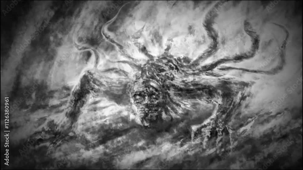 2D animation with devilish character. Scary monsters walks on lost spaceship. Horror fiction genre. Creepy Halloween. Spooky animated video clip. Black and white background movie. Dark motion graphics