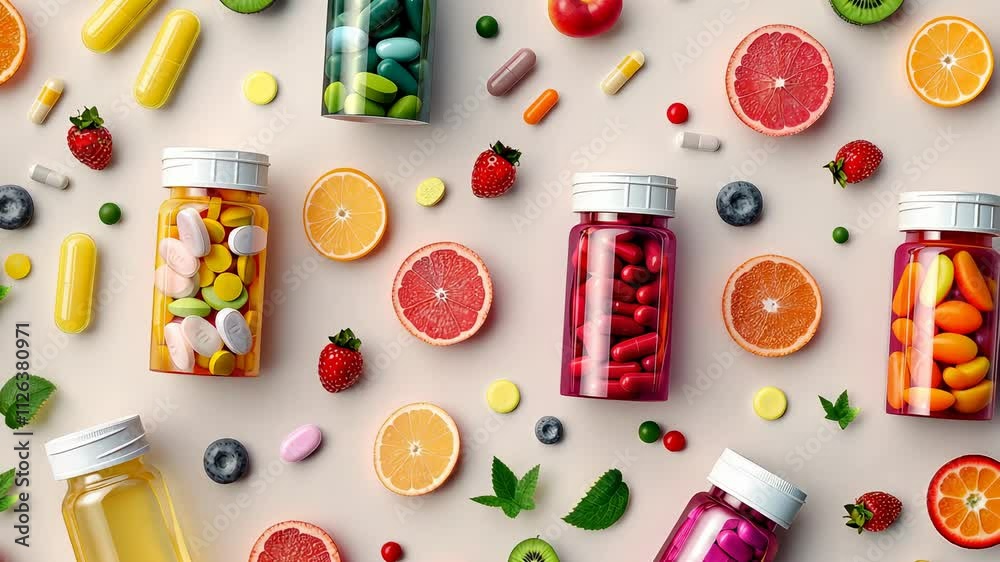video of jars with vitamins or medicine on a white background surrounded by fruits, health, pharmacy, dietary supplements