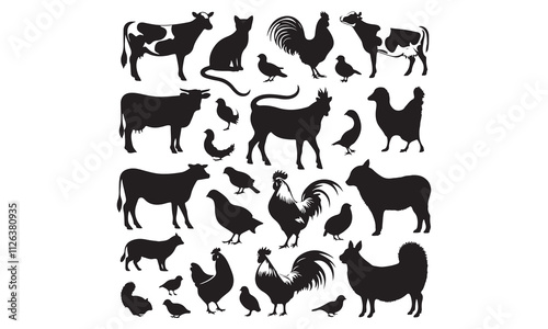 Black silhouette vector set of farm animals: cow, horse, pig, goat, sheep, chicken, duck