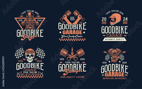 Vintage custom motorcycle logo sign badge vector collection. Motorcycle garage and mechanic logo with retro style vector design. Motorbike parts logo vector bundle photo