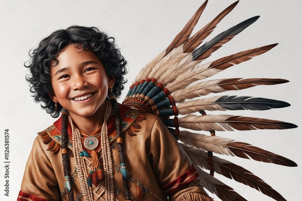 Obraz premium Smiling boy in Native American headdress.