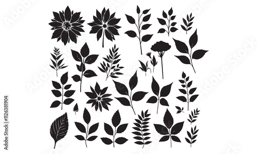 Black and white vector floral tattoo design elements: tree, leaf, butterfly, and bird silhouettes for decoration and pattern art