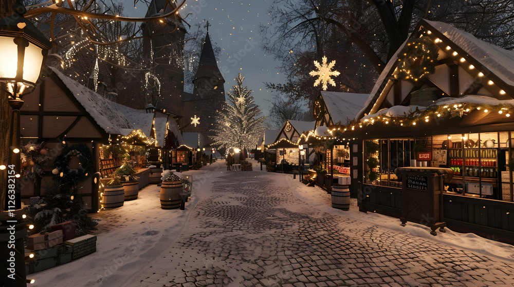 Festive Christmas market street at night, snow covered cobblestone road, illuminated stalls, decorated trees, and a church in the background. Festive Christmas market street at night, snow covered cobblestone road, illuminated stalls, decorated trees, and a church in the background.