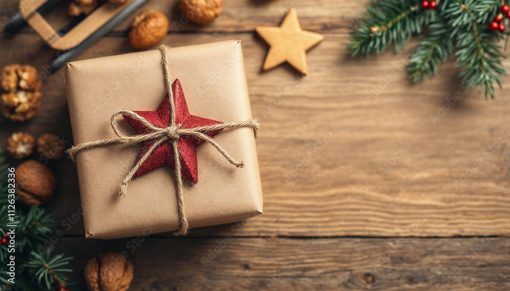 Rustic Christmas scene with wrapped gift, star ornament, and wooden sled.
Rustic Christmas scene with wrapped gift, star ornament, and wooden sled.