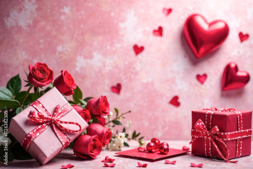 A collection of vibrant roses in various shades surrounds a beautifully wrapped gift box adorned with a red ribbon, creating a romantic atmosphere perfect for celebrations of love.