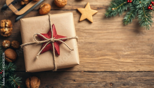 Rustic Christmas scene with wrapped gift, star ornament, and wooden sled.

 photo