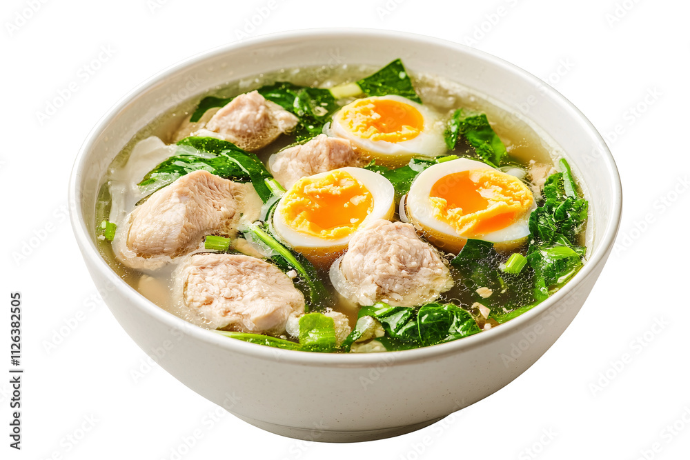 a bowl of soup with eggs and vegetables a bowl of soup with eggs and vegetables