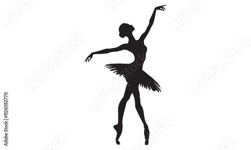 Silhouette of a woman dancer jumping gracefully in a ballet pose, captured in a black vector illustration